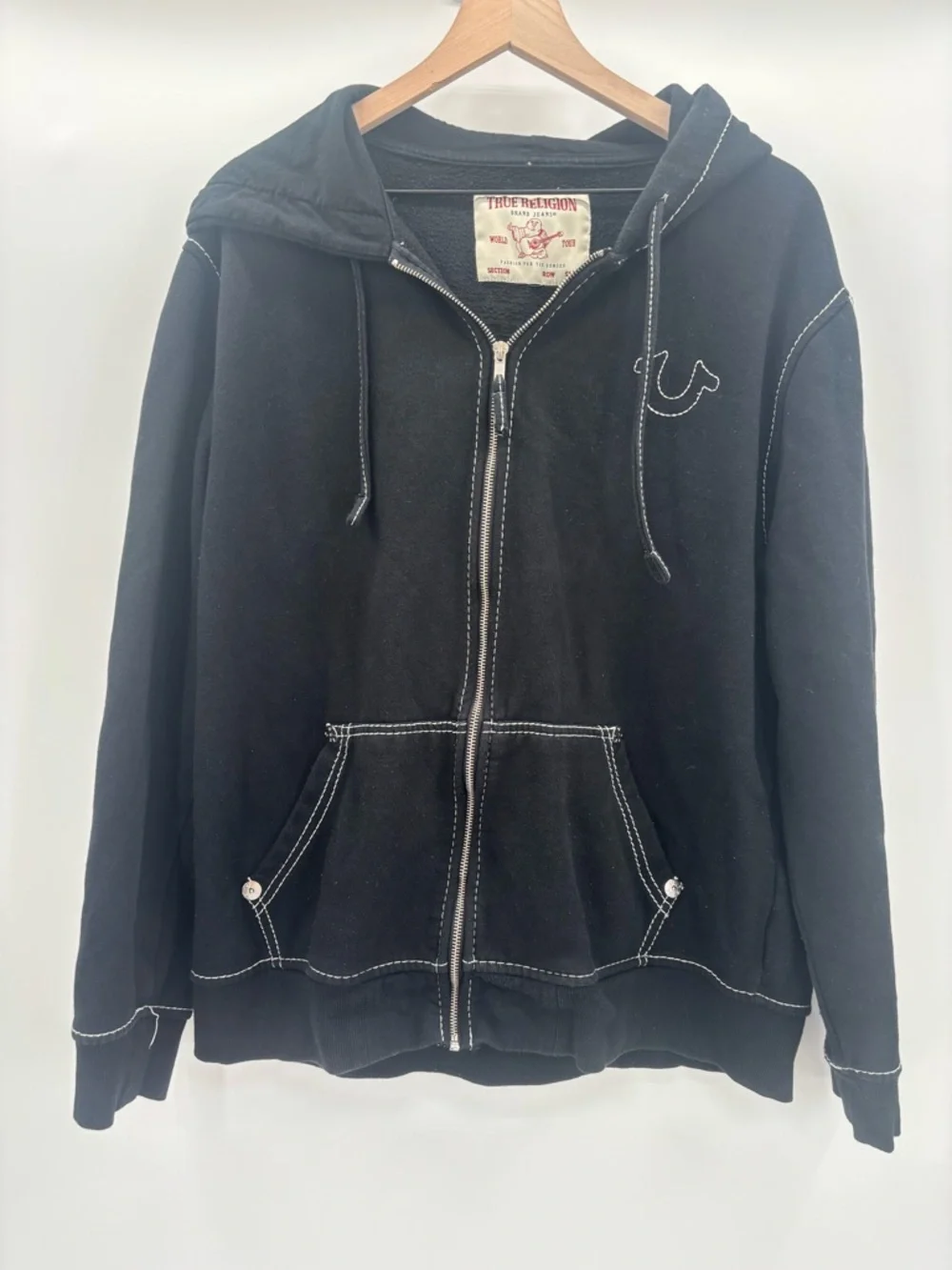 True Religion Big T Black Zip-Up Hoodie with White Contrast Stitching